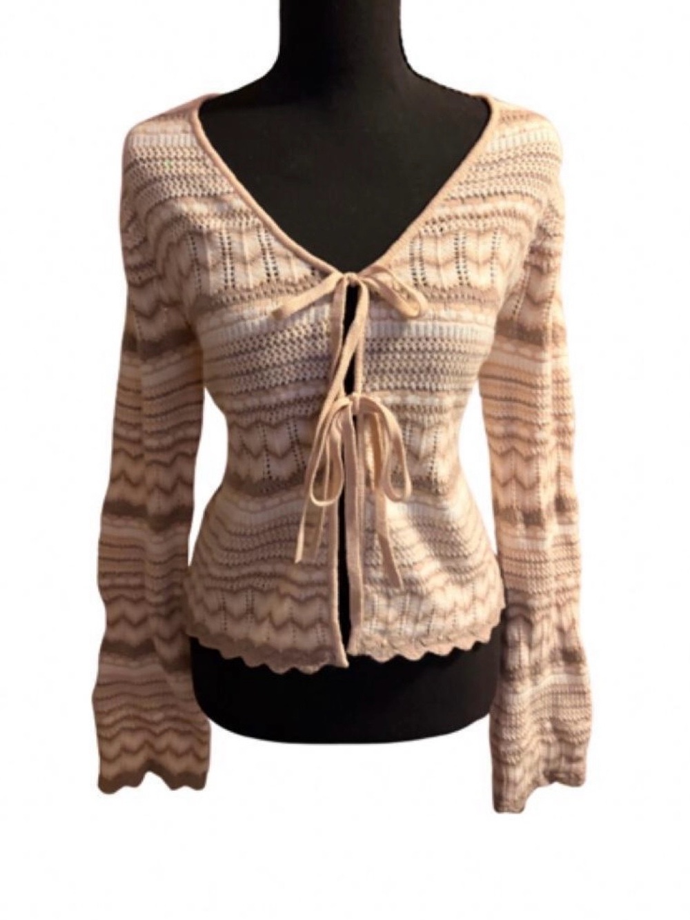 Beige and Cream Tie-Front Crochet Cardigan